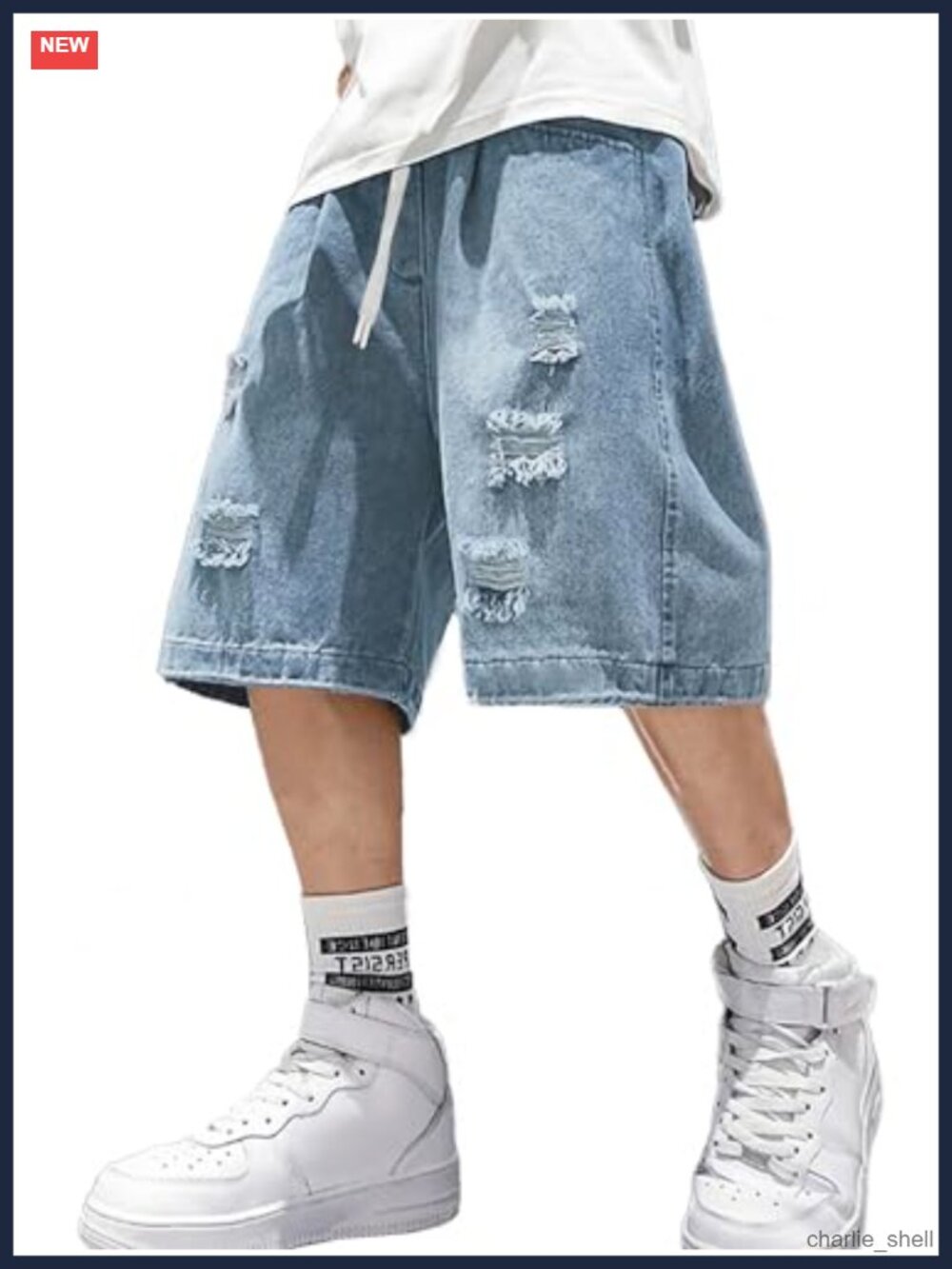 Baggy Y2K Cargo Ripped Denim Shorts Men Elastic Waist Knee Length Cotton Blend